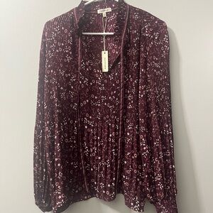 Max Studio long sleeve pleated tie front blouse burgundy NWT‎ Large